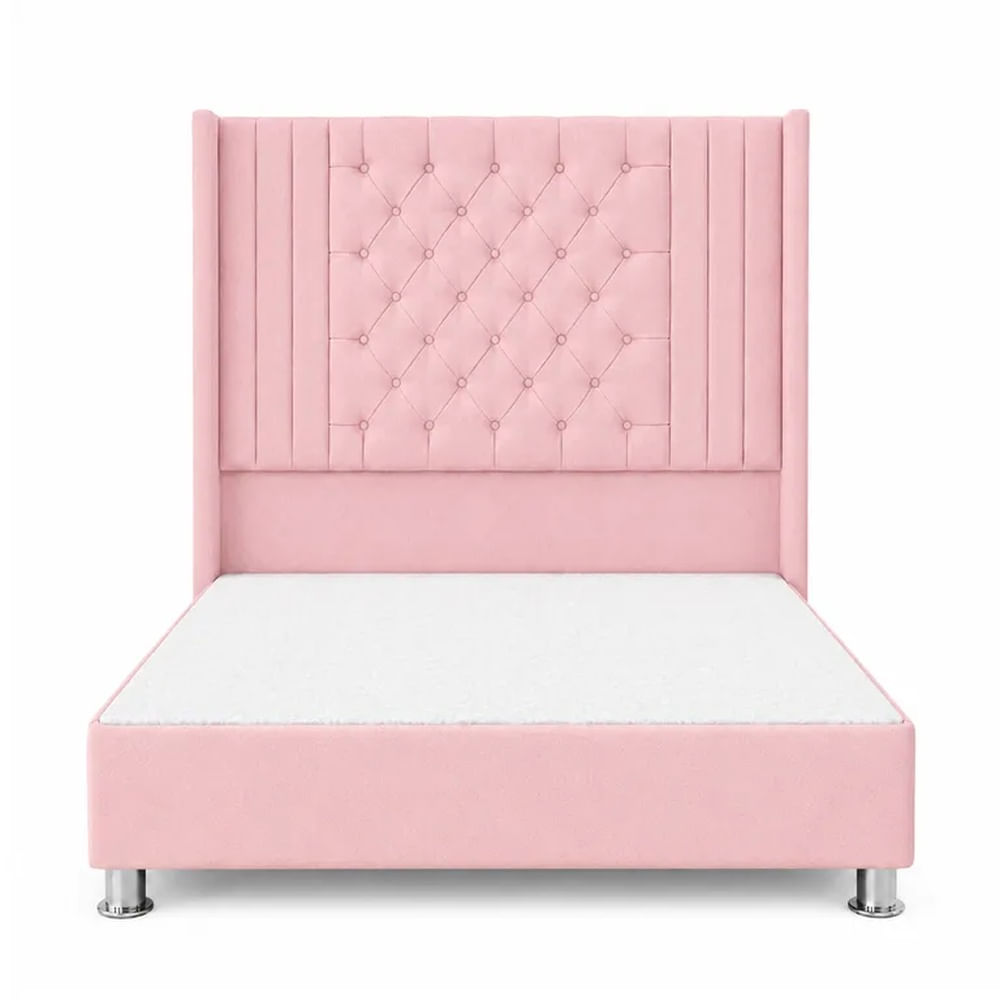 Cama Tapizada Confort Aurora Capitoné Cromo Rosa 1.5 Plz