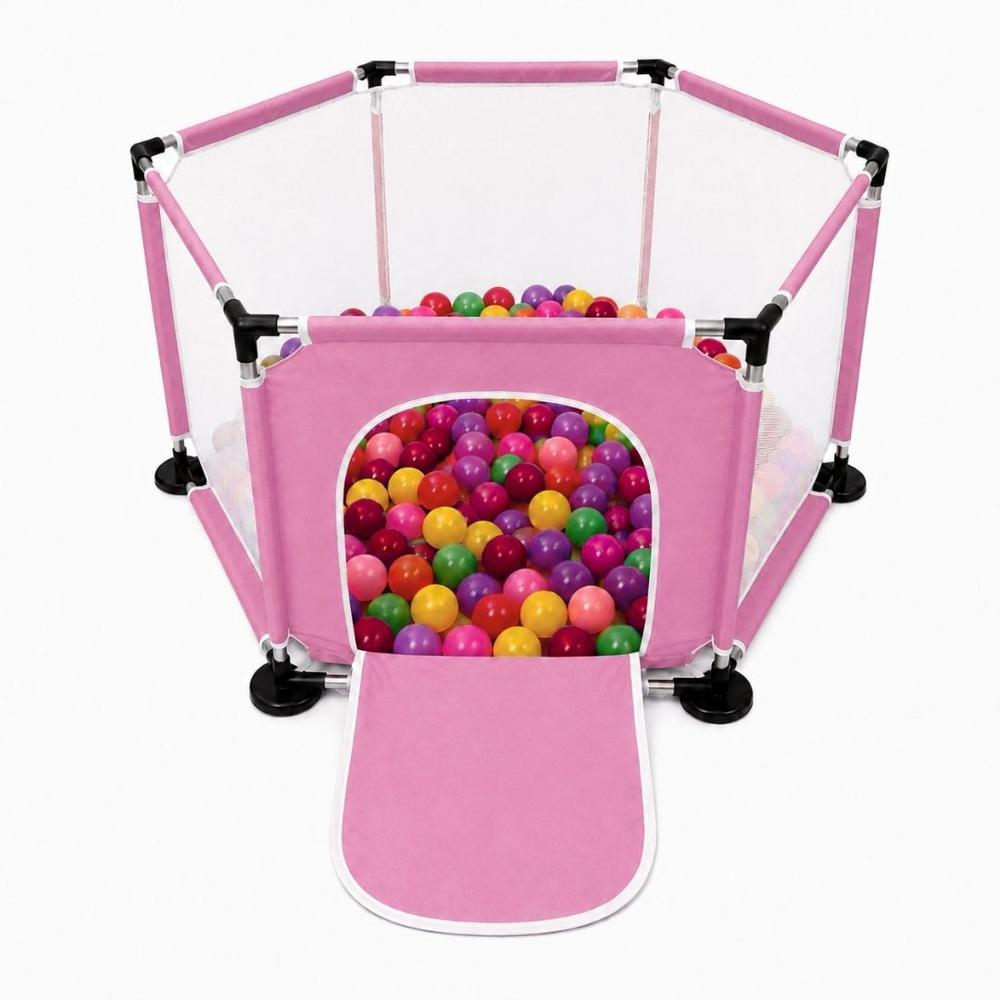 Corral Infantil Hexagonal con Malla Puerta Frontal y Área de Juegos para Bebés 63x126x110cm Rosado
