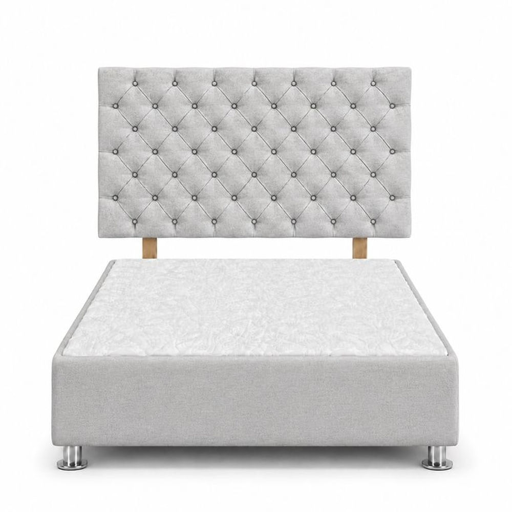 Cama Tapizada Aria Cromo Capitoné Plomo Claro 1.5 Plz