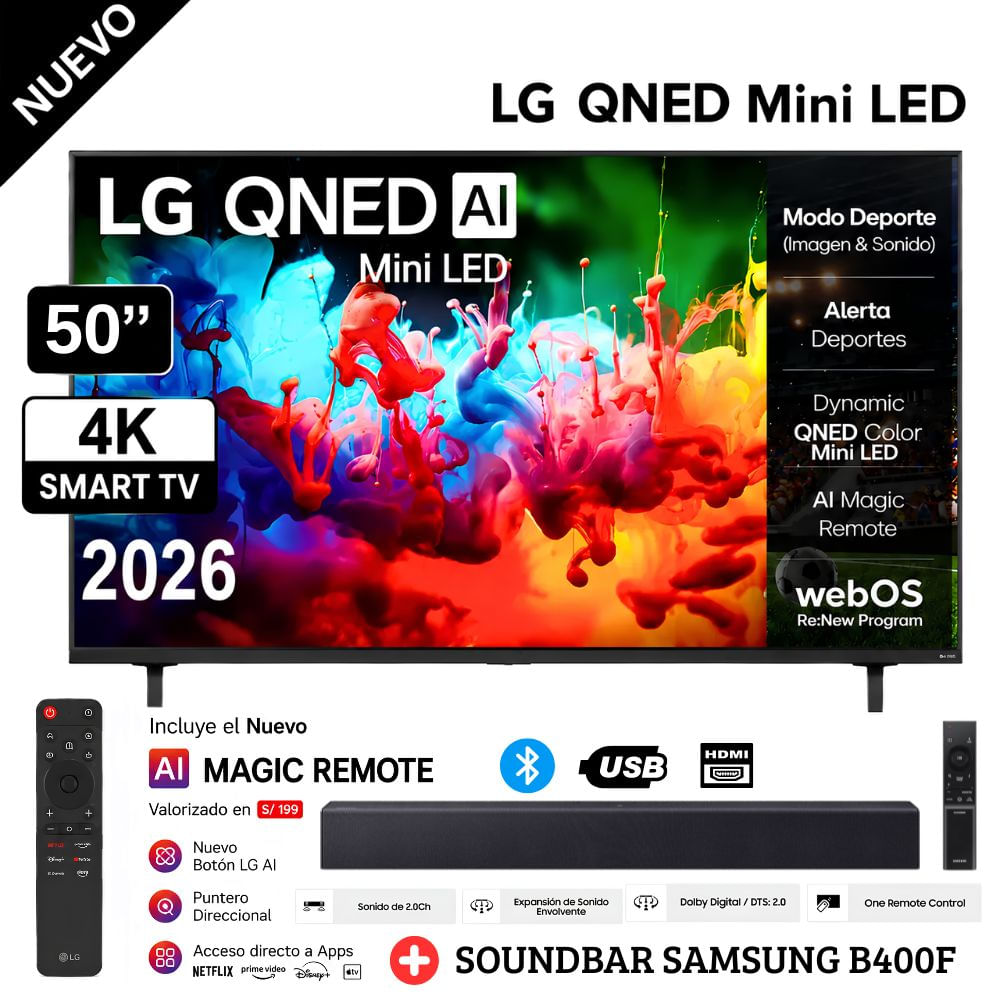 Televisor LG 50 QNED AI Mini LED QNED70 4K Smart TV 2026 - SUONDBAR SAMSUNG
