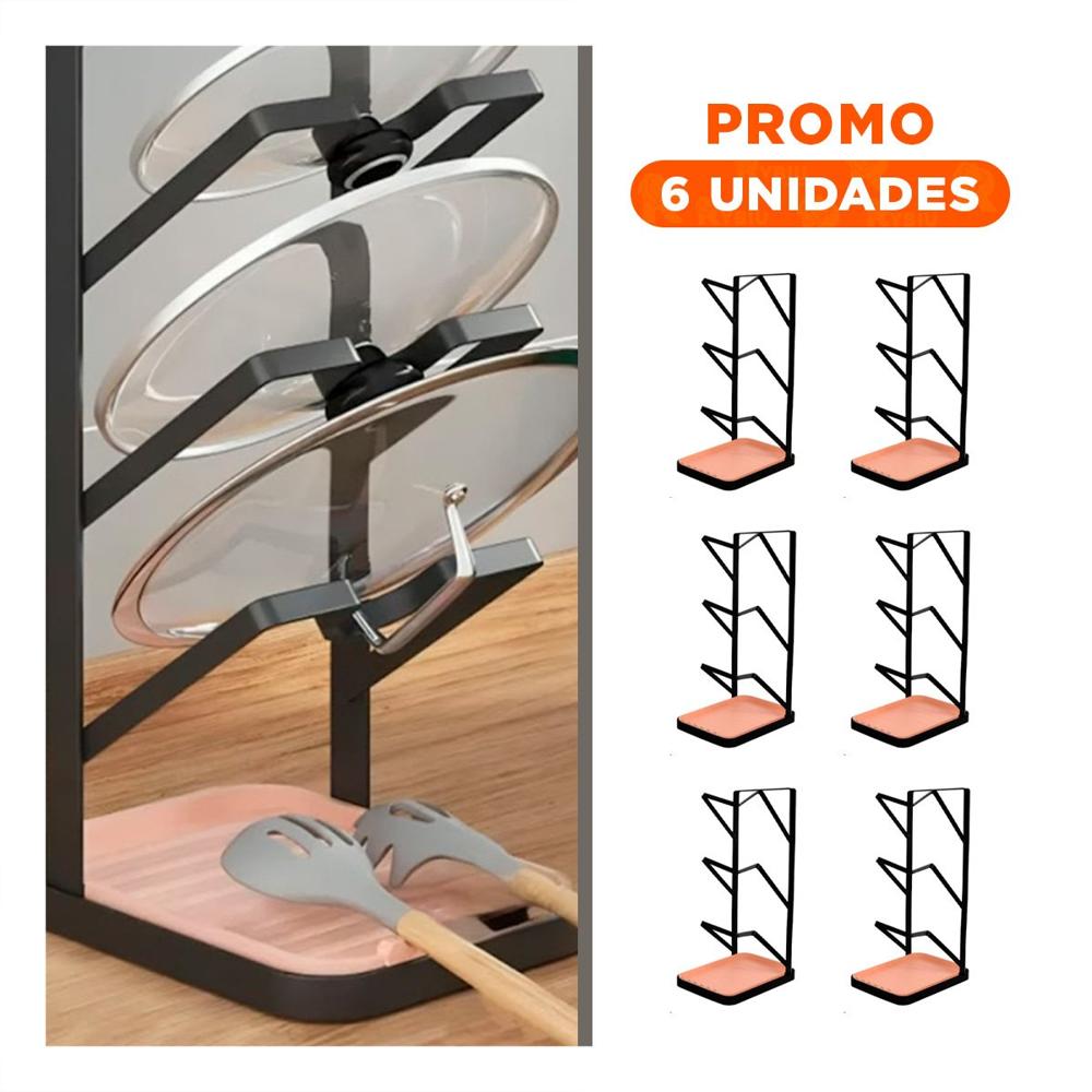 Pack6 Soporte Profesional Negro para Tapa de Olla con Base para Cucharas YRegalo Sticker