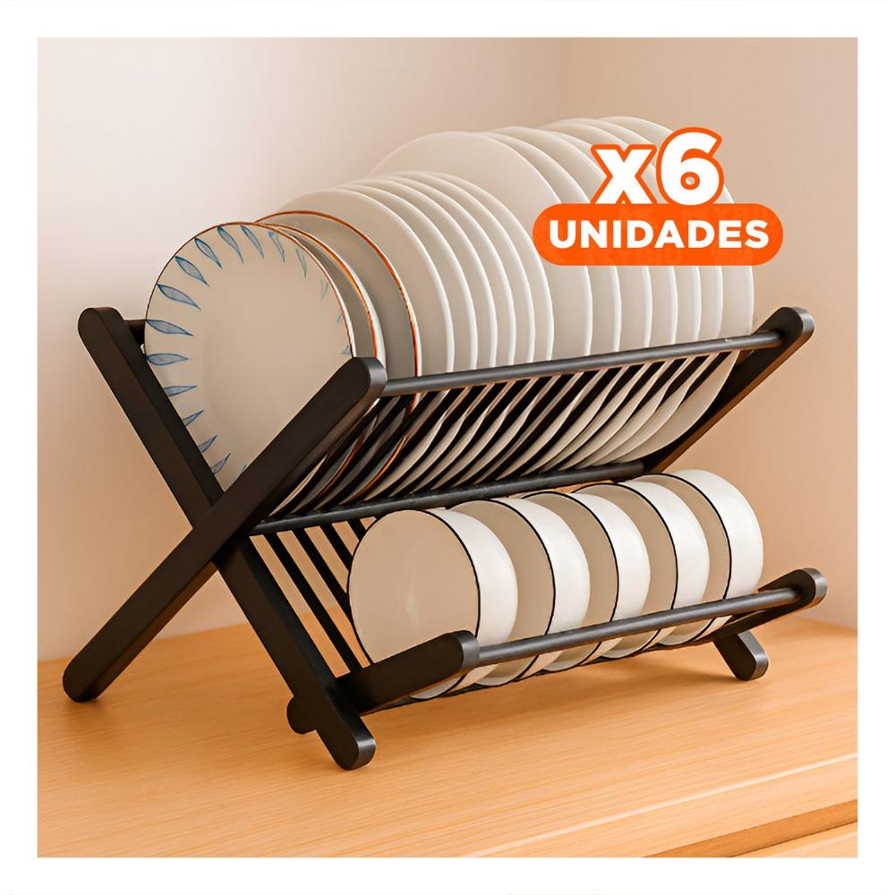 Pack6 Estante De Platos Plegable Para Cocina Hogar Negro Resistente Y Papel Regalo