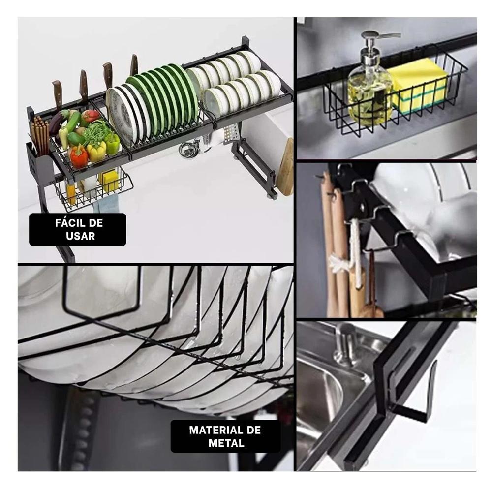 Escurridor de Platos Negro 65cm con Ganchos para sus Utensilios Y Ligas Regalo