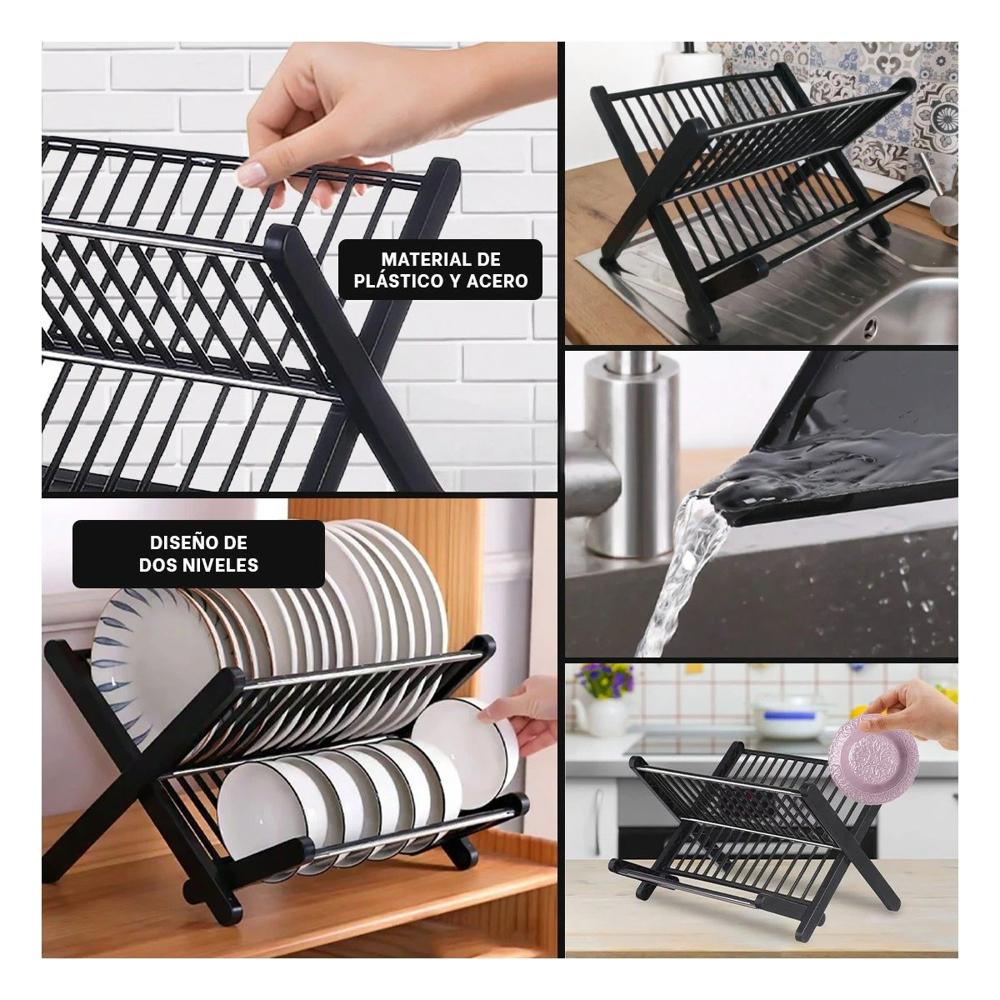 Portaplato Plegable Para Cocina Hogar Negro Compacto Y Ligas Regalo