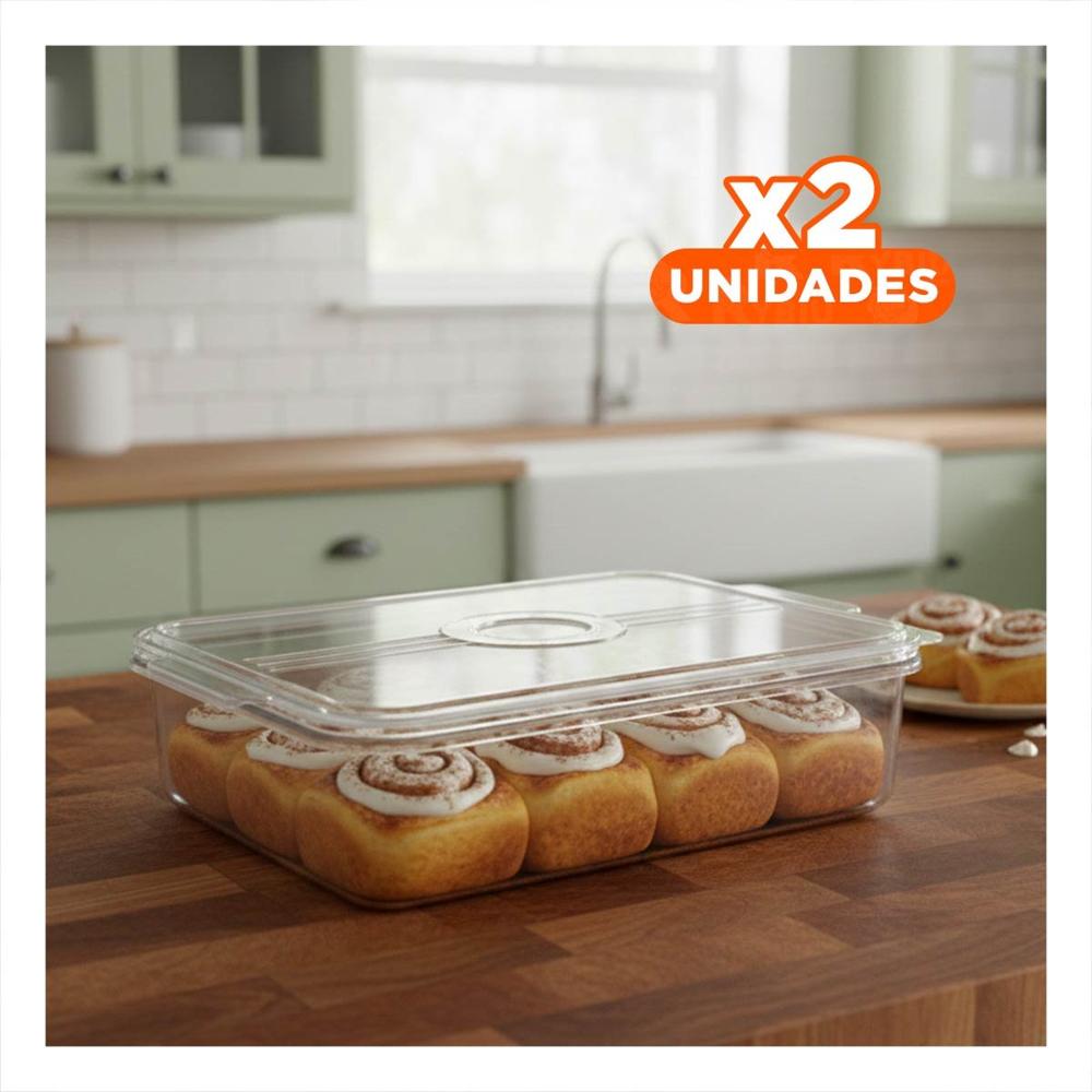 Pack2 Porta Alimentos de Acrilico Rectangular con Drenaje 32x20x5cm Transparente