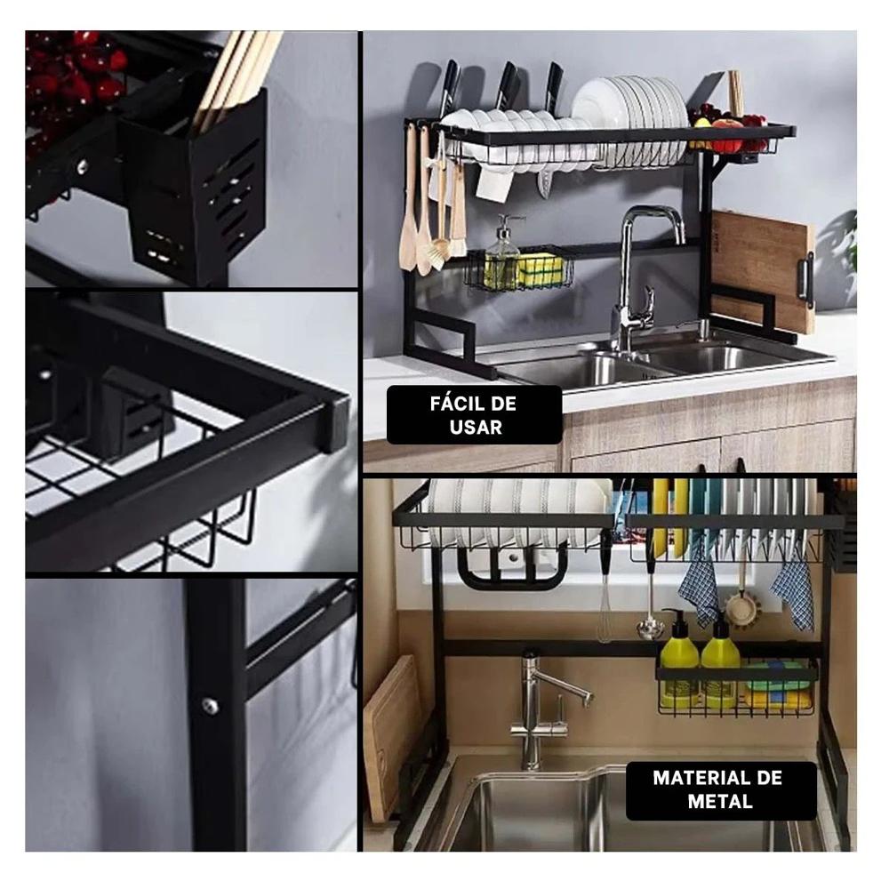 Escurridor de Platos Negro 85cm con Ganchos para sus Utensilios Y Ligas Regalo