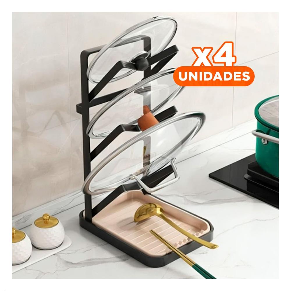 Pack4 Base Negra Estable para Tapa de Olla con Soporte para Cucharas YPapel Regalo