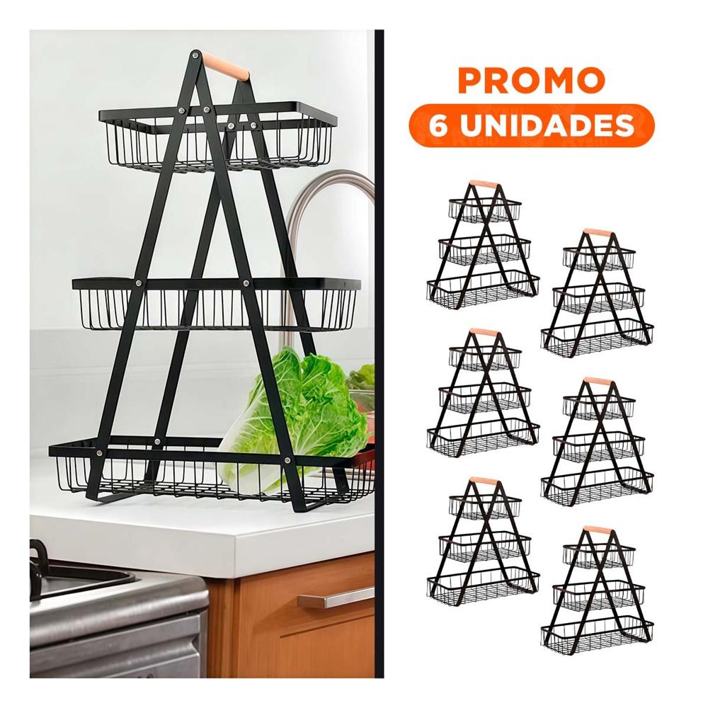 Pack6 Canastilla de Acero Inoxidable Negro 3 Niveles con Estructura Triangular YRegalo Sticker