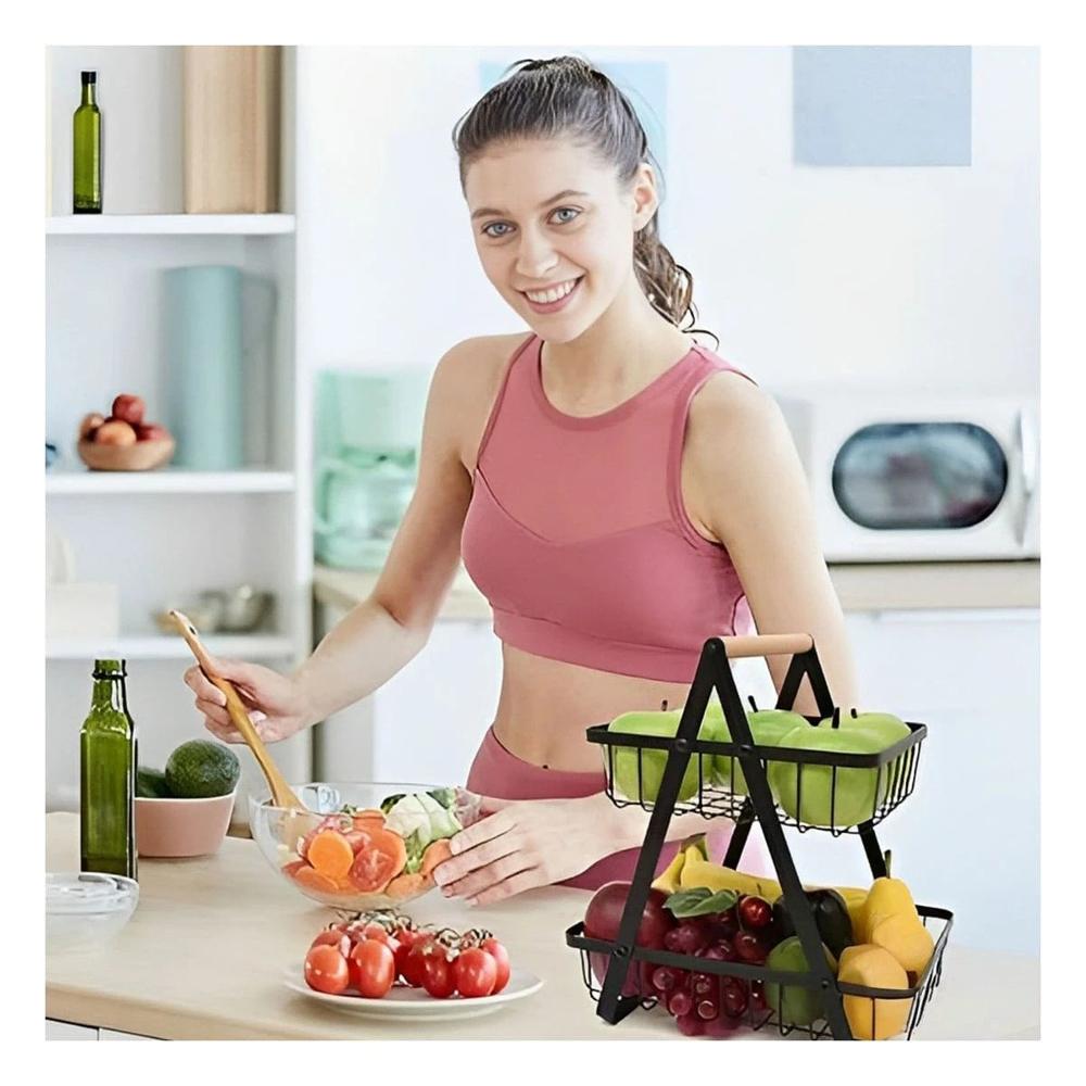 Frutero Triangular Negro con Dos Niveles Firmes en Acero Inoxidable Ynotas