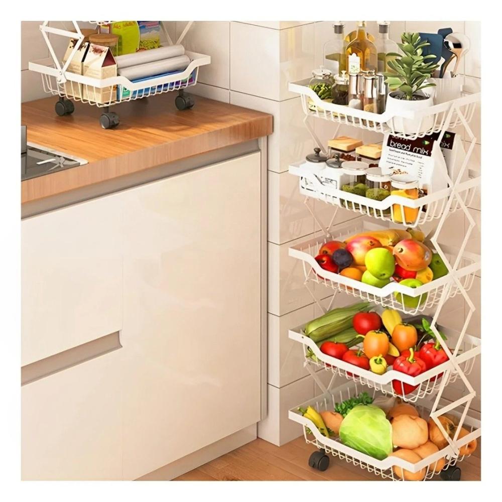 Verdulero Plegable de 5 Pisos Color Blanco con Estructura en Acero Inoxidable para Cocina