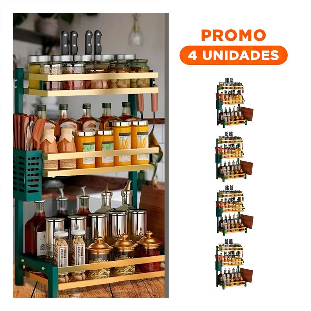 Pack4 Soporte de Cocina Verde Dorado con 3 Niveles para Distribuir Condimentos