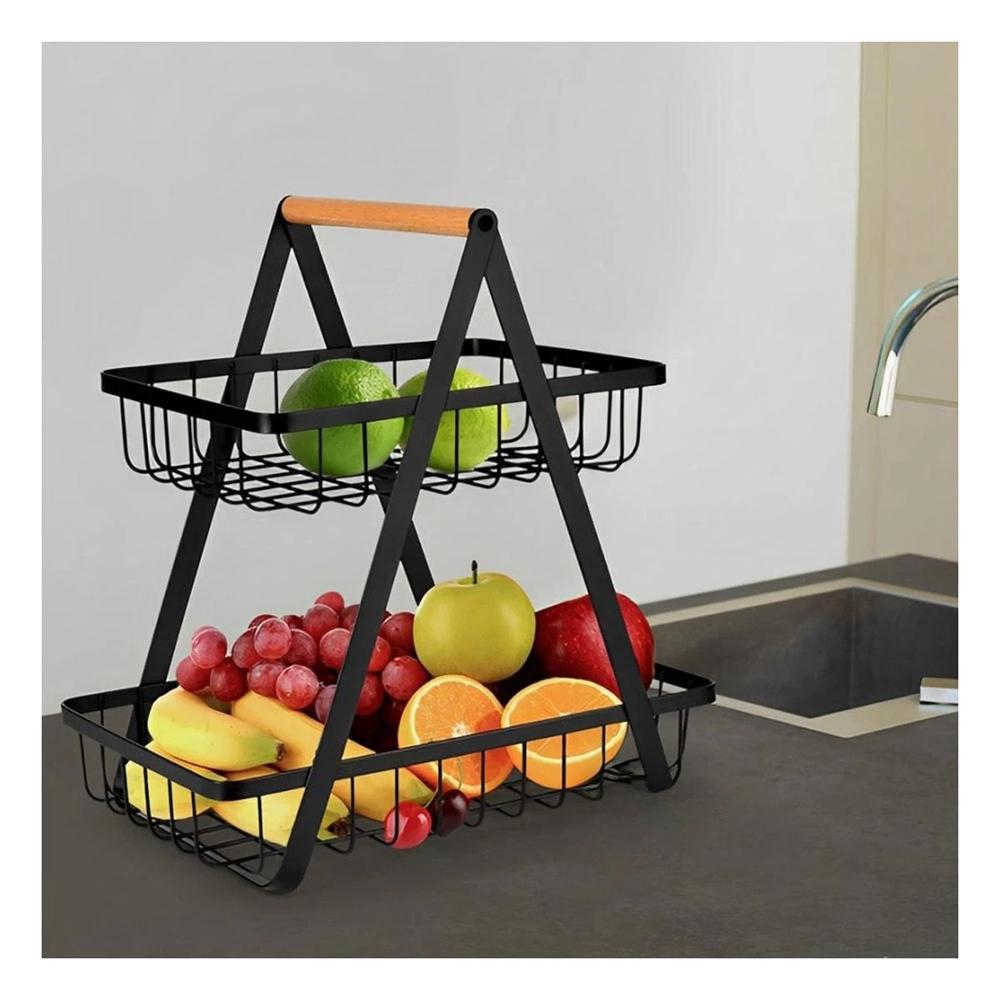 Frutero de 2 Niveles en Acero Inoxidable Color Negro con Forma Triangular YPapel Regalo