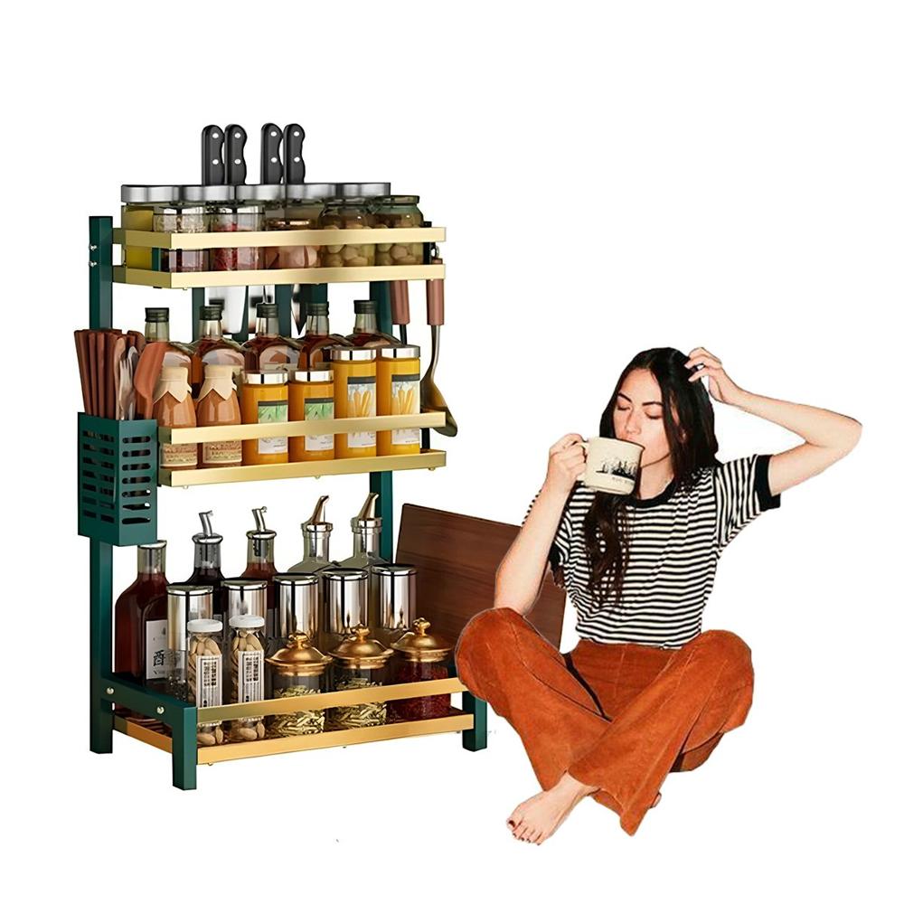 Organizador Metalico Verde Dorado con 3 Niveles para Frascos y Condimentos YRegalo Sticker