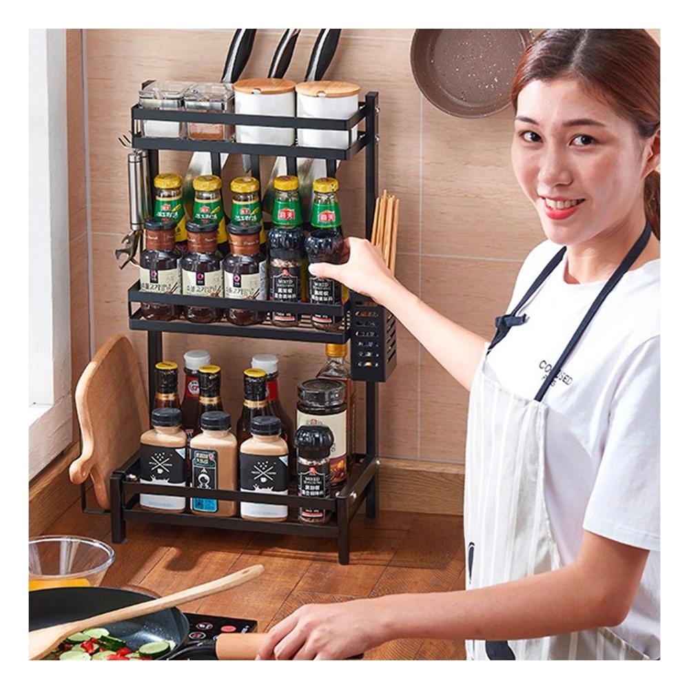 Rack de Cocina Negro en Acero Inoxidable con 3 Niveles para Ordenar Especias YPapel Regalo