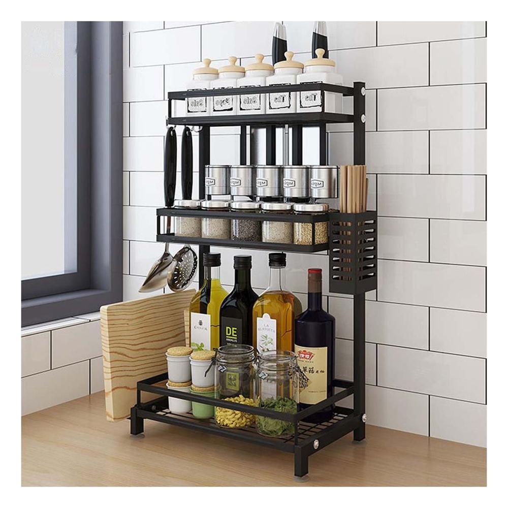 Rack Organizador de Especias en Acero Inoxidable Negro con 3 Niveles para Cocina