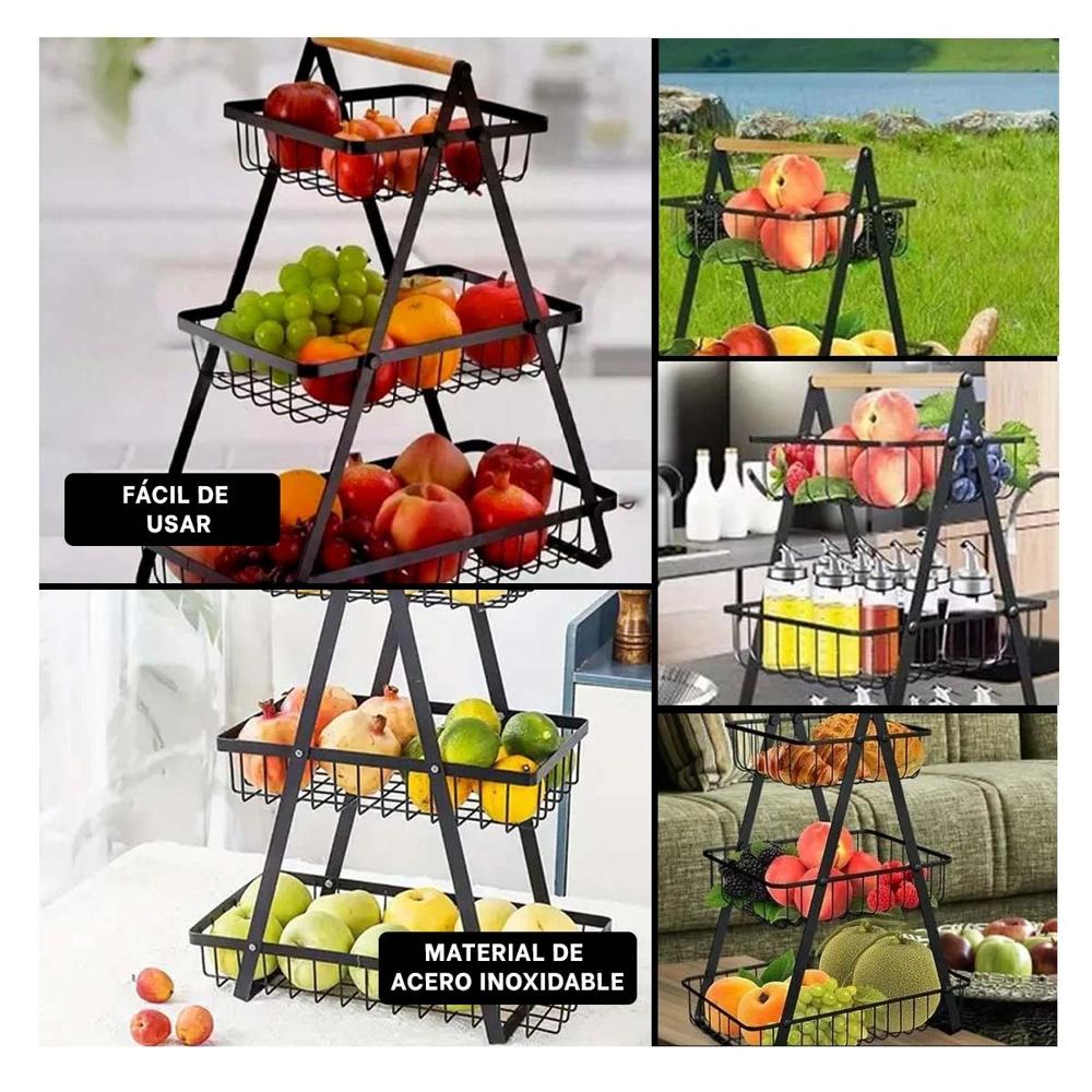 Frutero en Acero Inoxidable Negro con Diseño Triangular y Tres Niveles YLigas Regalo