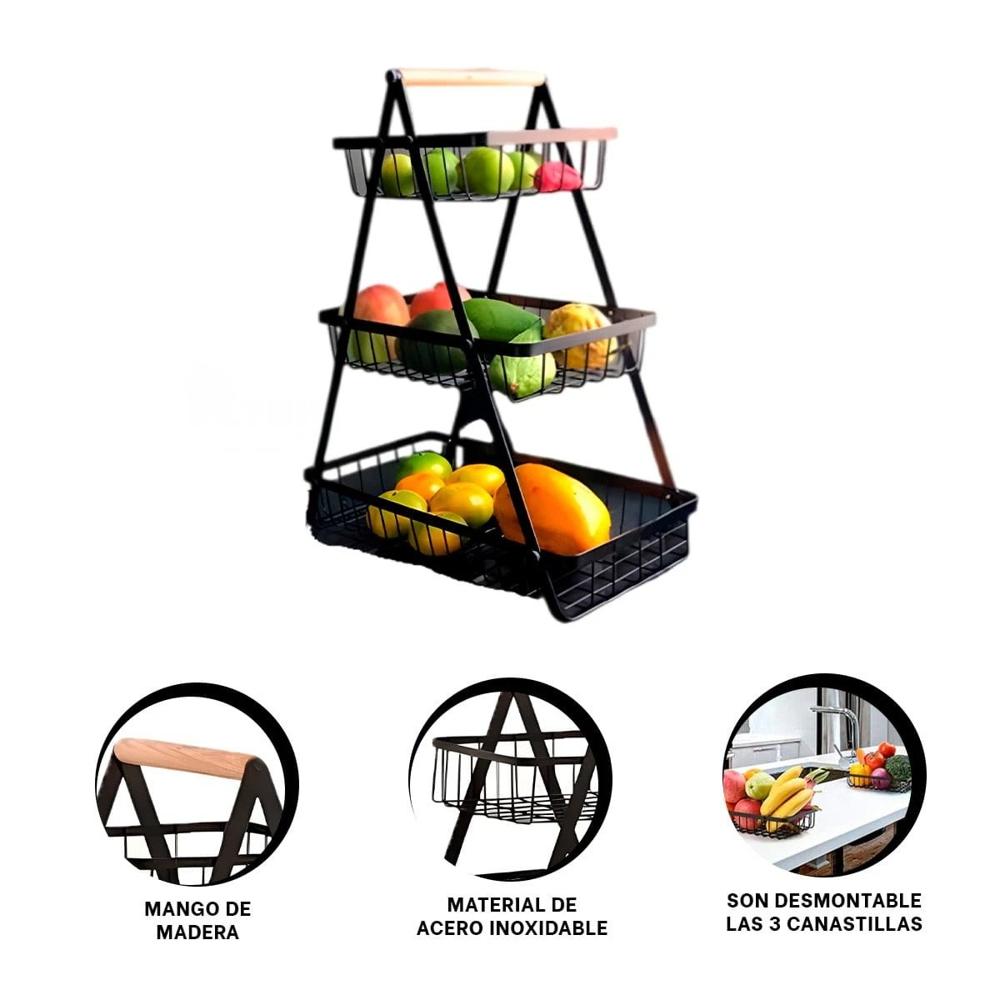 Frutero de 3 Niveles en Acero Inoxidable Color Negro con Forma Triangular YPapel Regalo