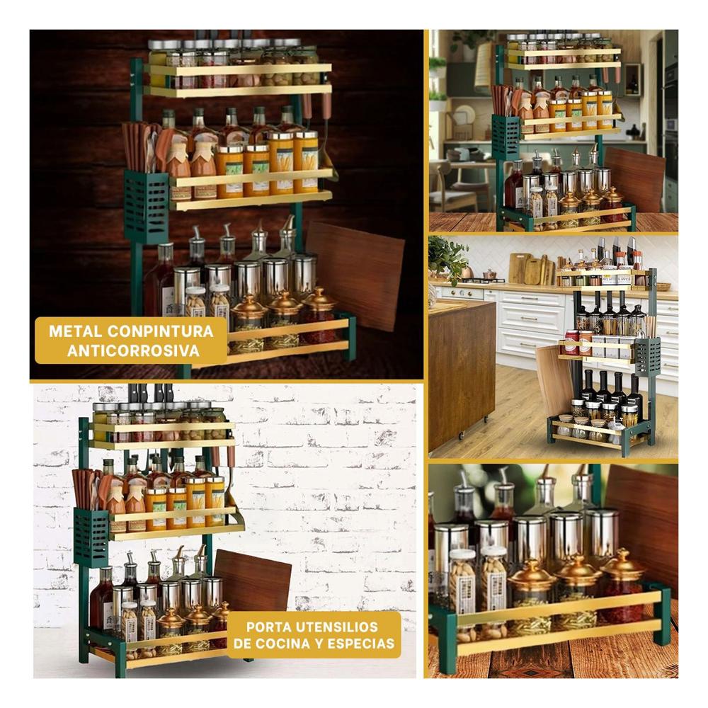 Organizador en Color Verde Dorado para Condimentos con Estructura de 3 Niveles YLigas Regalo