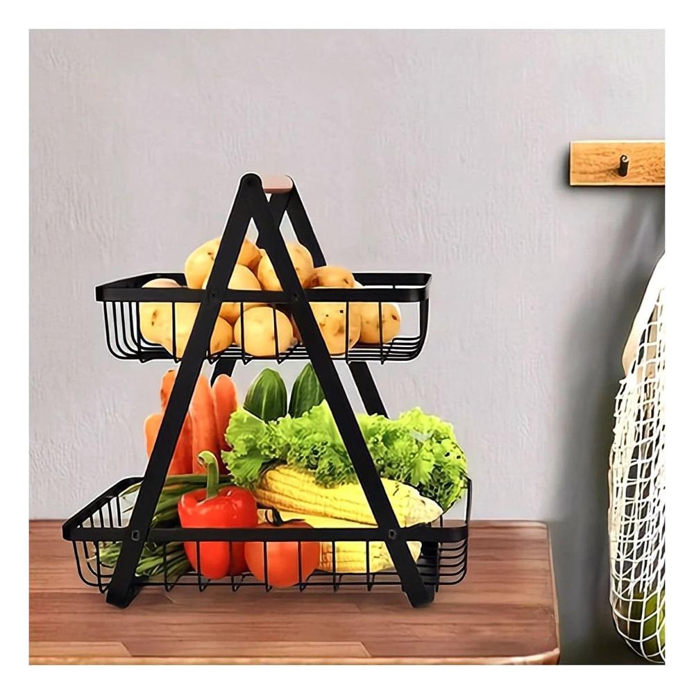 Frutero Triangular en Acero Inoxidable con 2 Niveles Color Negro para Cocina