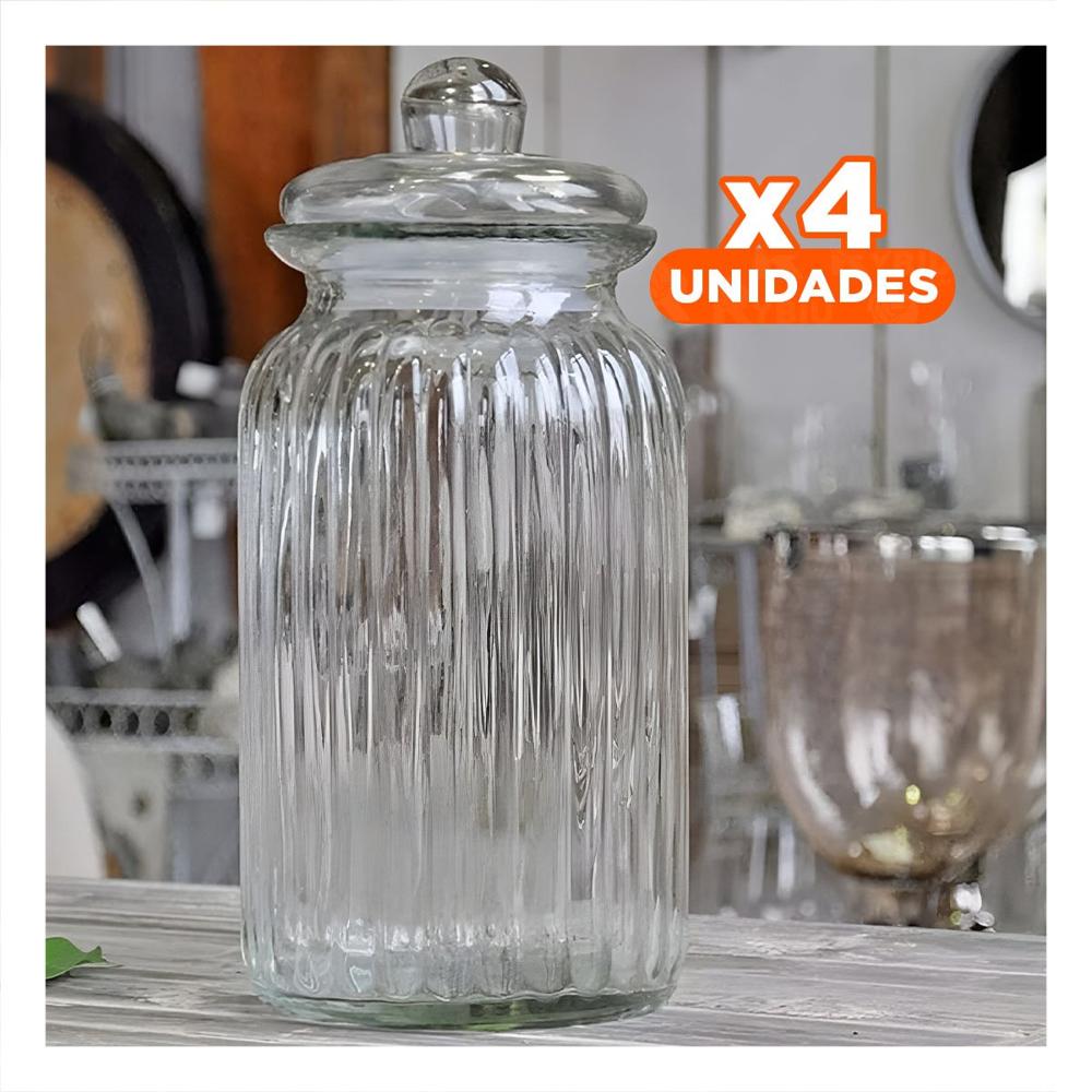 Pack4 Recipiente de 2 Kilos Color Transparente en Vidrio para Uso Multiuso Y Papel Regalo