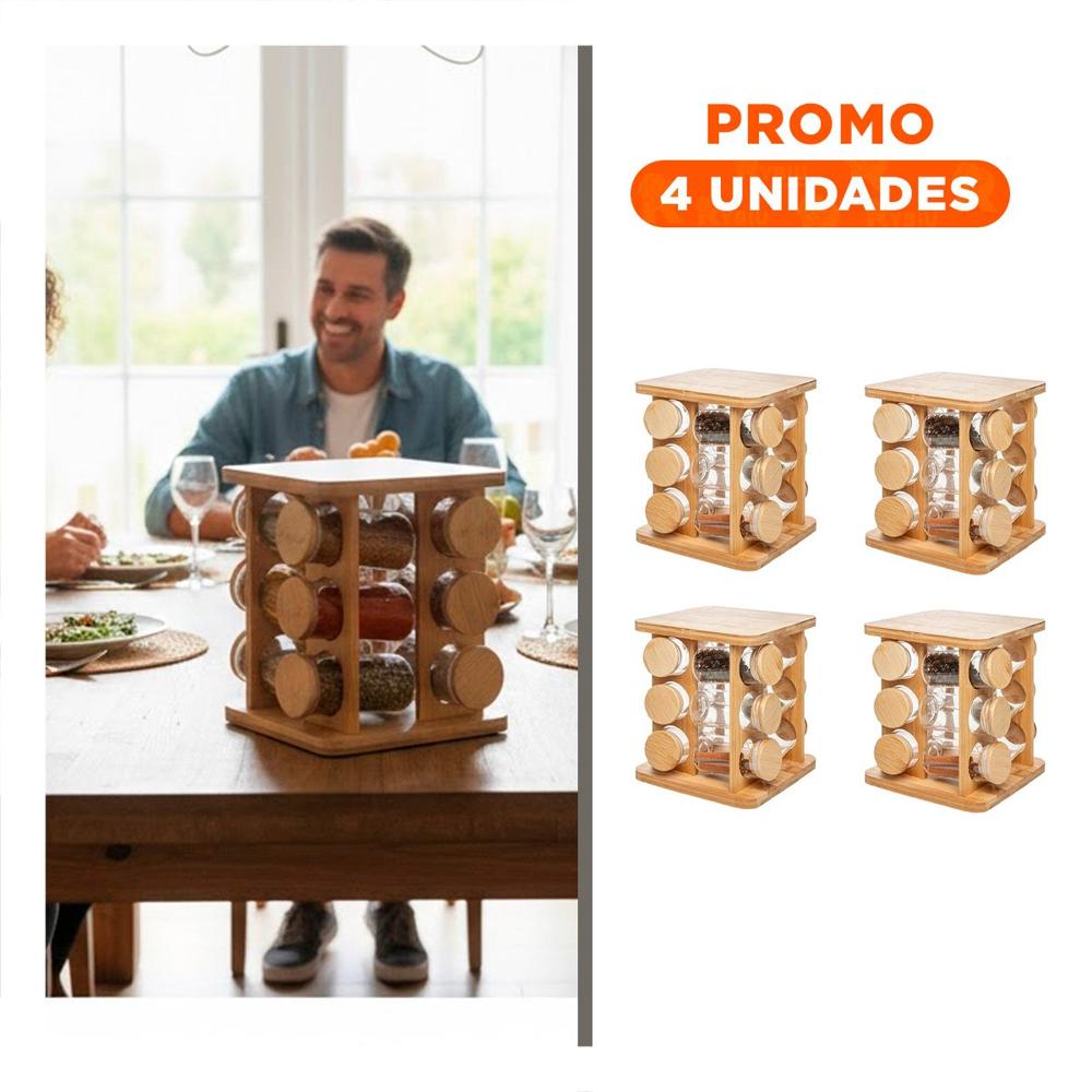 Pack4 Contenedor Giratorio Cuadrado de Madera con 12 Frascos Cocina