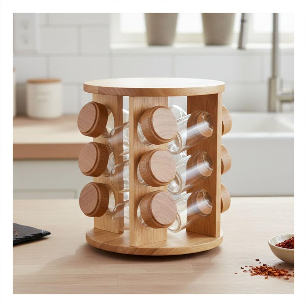 Especiero Giratorio Circular de 12 Frascos con Soporte de Madera YPapel Regalo