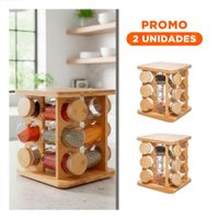 Pack2 Soporte Giratorio Cuadrado de Madera con 12 Frascos para Cocina YRegalo Sticker