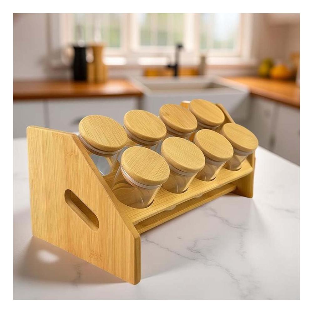 Organizador Rectangular con 8 Frascos Circulares en Madera para Cocina Hogar YPapel Regalo