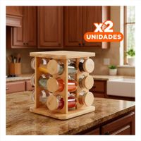 Pack2 Rack Giratorio Cuadrado de Madera con 12 Frascos para Cocina Moderna YPapel Regalo