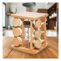 Dispensador Giratorio Cuadrado de Madera con 12 Frascos Cocina Y notas
