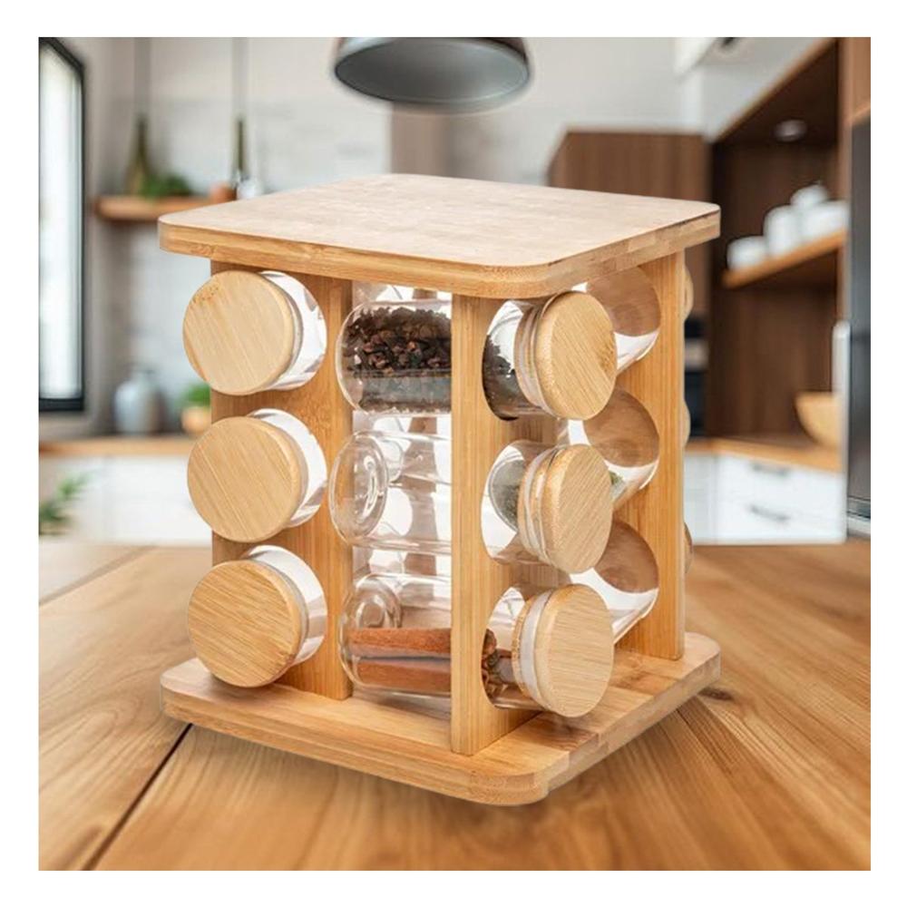 Dispensador Giratorio Cuadrado de Madera con 12 Frascos Cocina Y notas