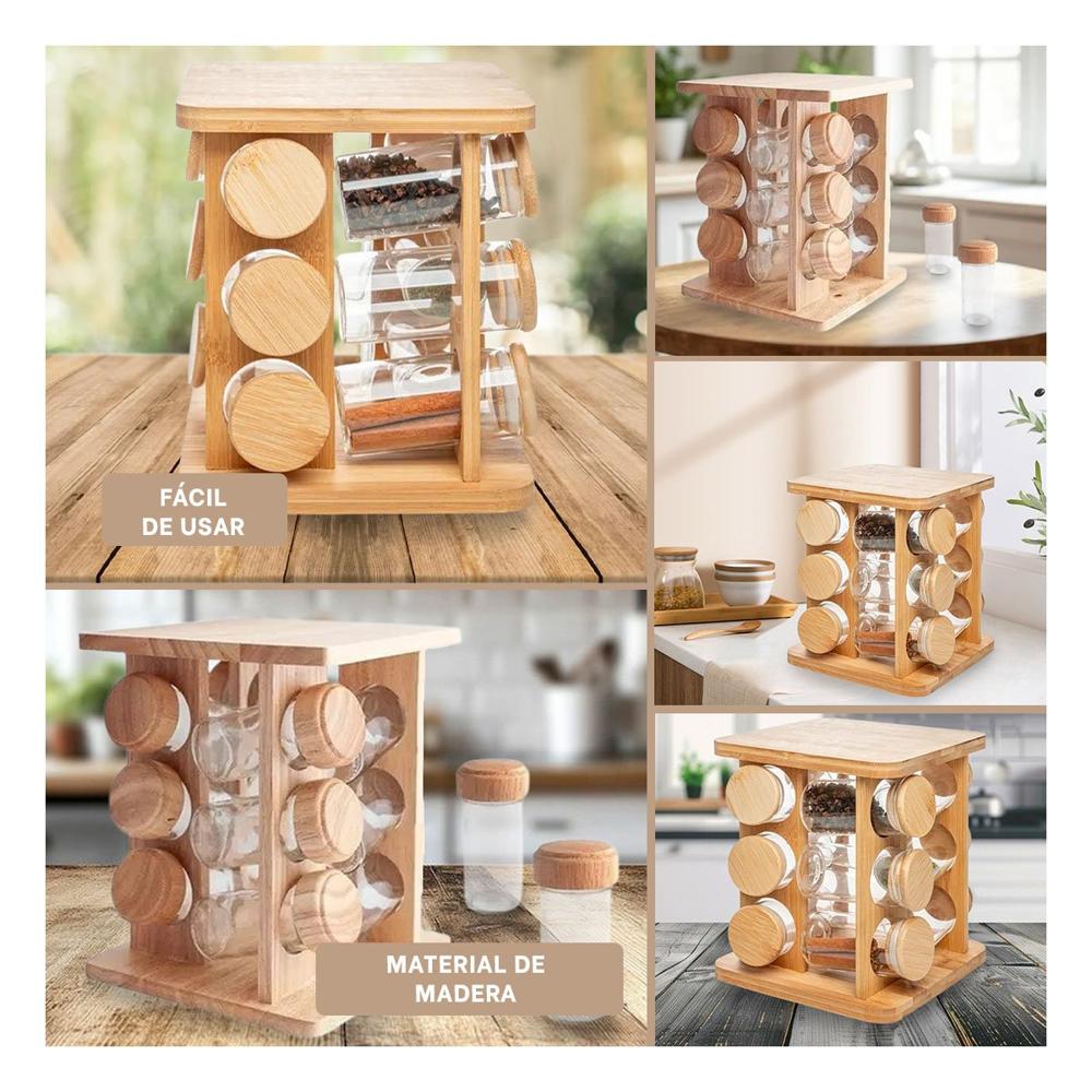 Porta Especias Giratorio Cuadrado de Madera con 12 Frascos Cocina YLigas Regalo