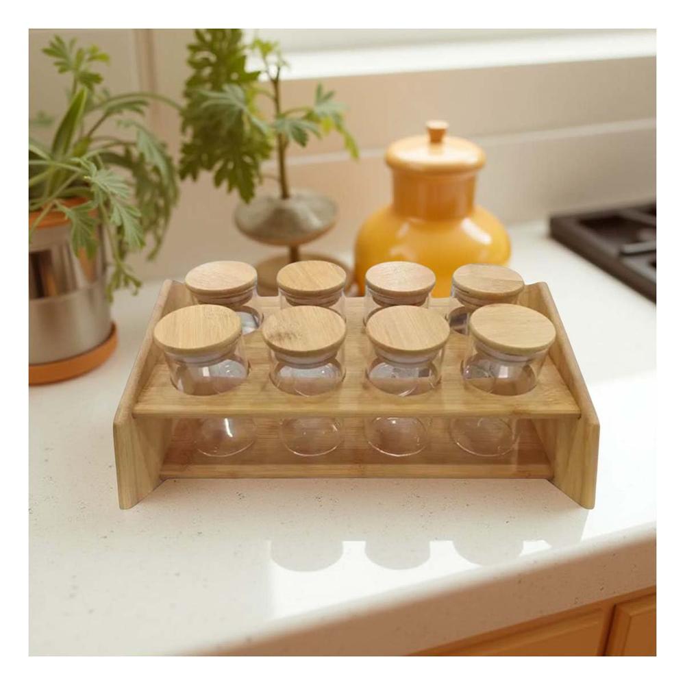 Especiero Rectangular con 8 Frascos Circulares en Madera para Cocina Hogar