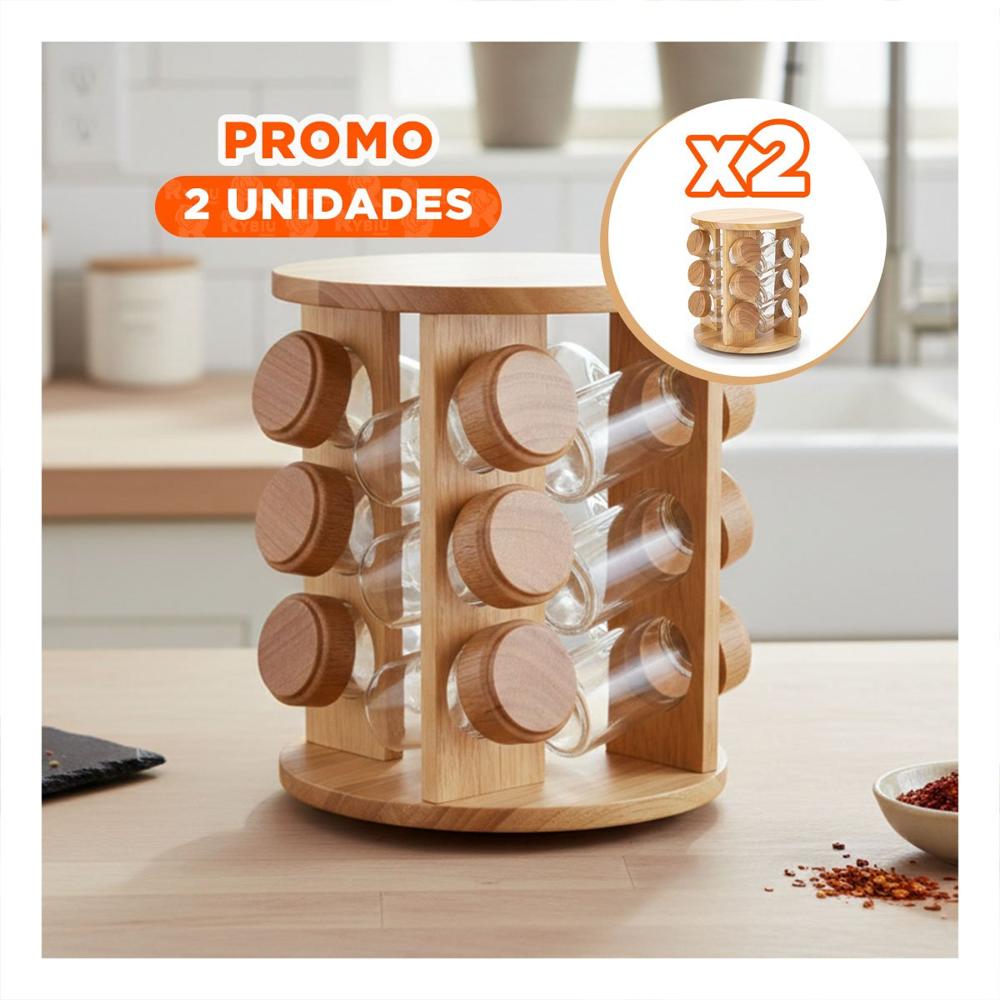 Pack2 Condimentero Circular Giratorio con 12 Frascos y Estructura de Madera