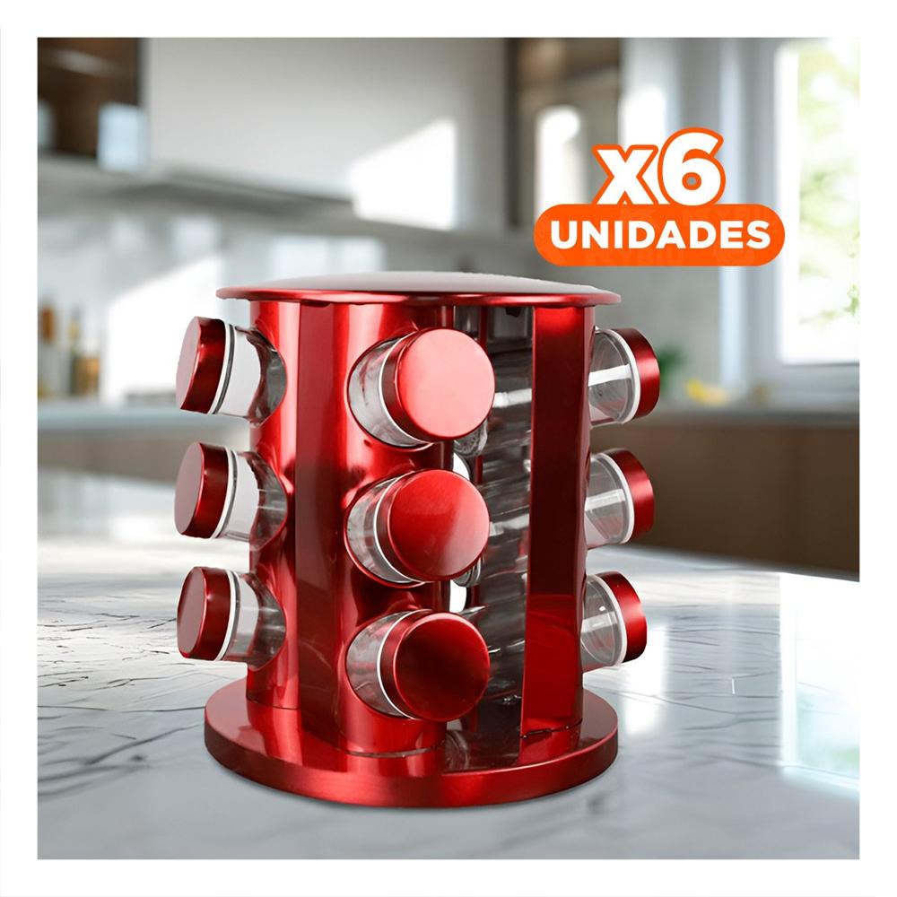 Pack6 Porta condimentos Circular Rojo con 12 Frascos Compacto y Comodo para Cocina