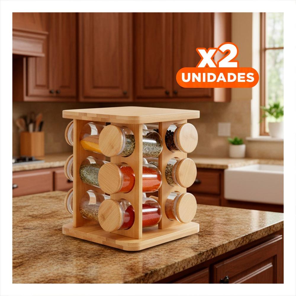 Pack2 Base Giratoria Cuadrada de Madera con 12 Frascos para Cocina Hogar