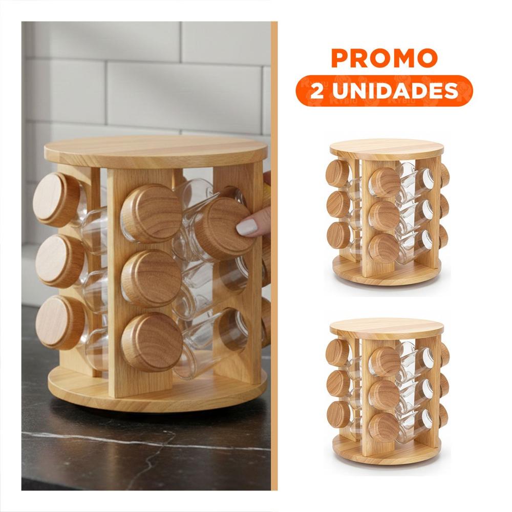 Pack2 Especiero de Mesa Giratorio Circular con 12 Frascos Madera YRegalo Sticker