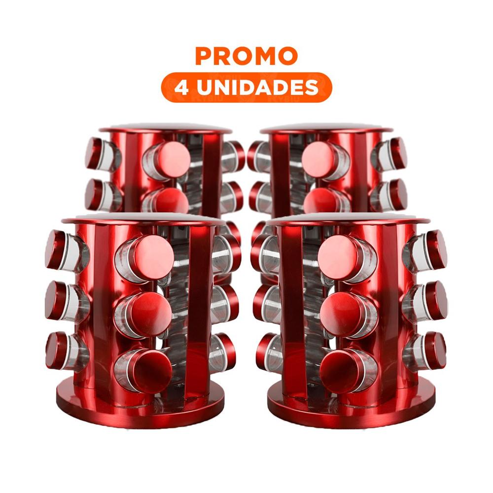 Pack4 Set condimentero Circular Rojo con 12 Frascos Compacto y Perfecto para Especias