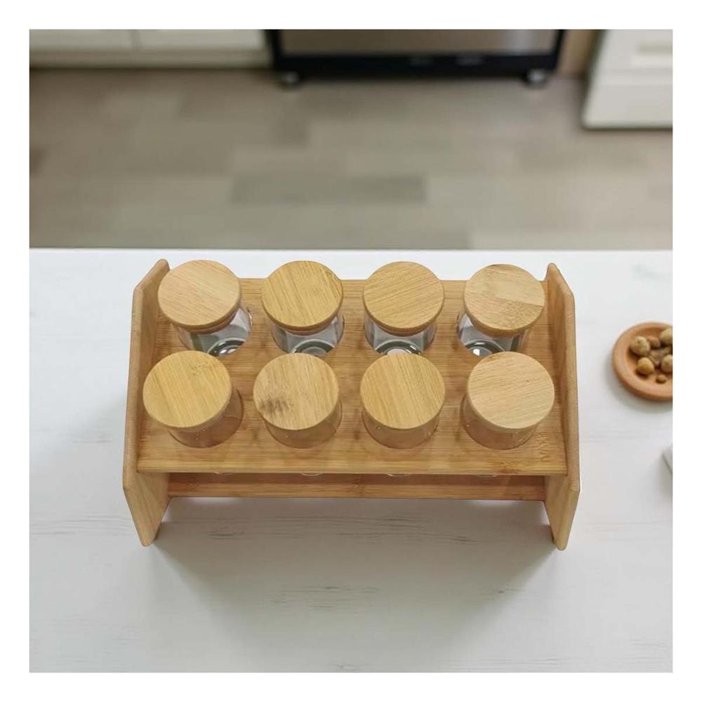 Base Especiera Rectangular con 8 Frascos Circulares de Madera para Cocina Y notas