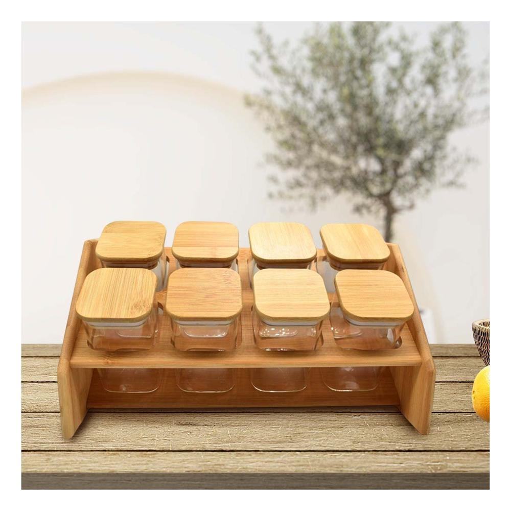 Especiero Rectangular de Madera con 8 Frascos Cuadrados para Cocina y Hogar