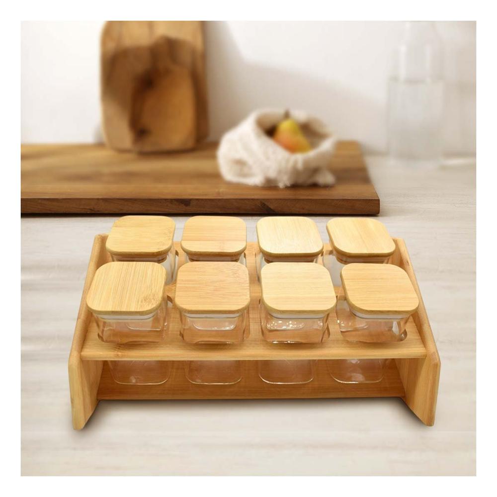 Set Especiero Rectangular de Madera con 8 Frascos Cuadrados Cocina y Hogar Y notas