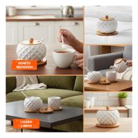 Recipiente de Color Blanco Circular 500ml con Tapa Bambu Cuchara y Base Y Ligas Regalo