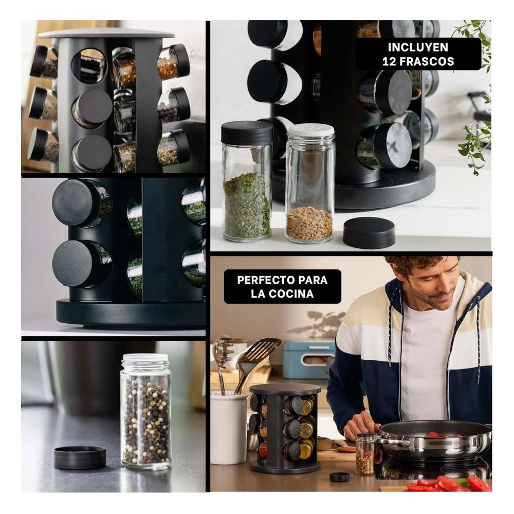 Condimentero de Cocina de Color Negro con 12 Frascos y Giro Suave YLigas Regalo