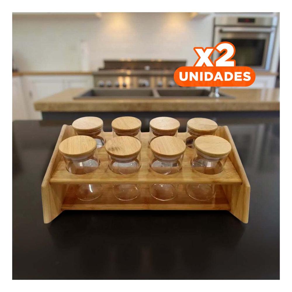 Pack2 Soporte para Especias Rectangular con 8 Frascos Circulares en Madera Hogar YPapel Regalo