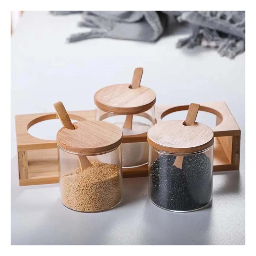 Set de Frascos para condimentos con Base de Madera y 3 Recipientes de Vidrio YPapel Regalo