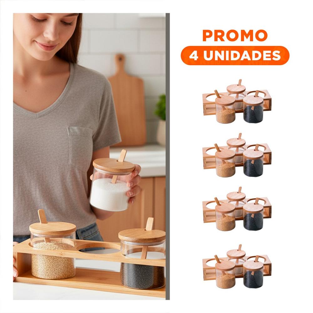 Pack4 Organizador de condimentos con 3 Recipientes y Soporte de Madera Resistente