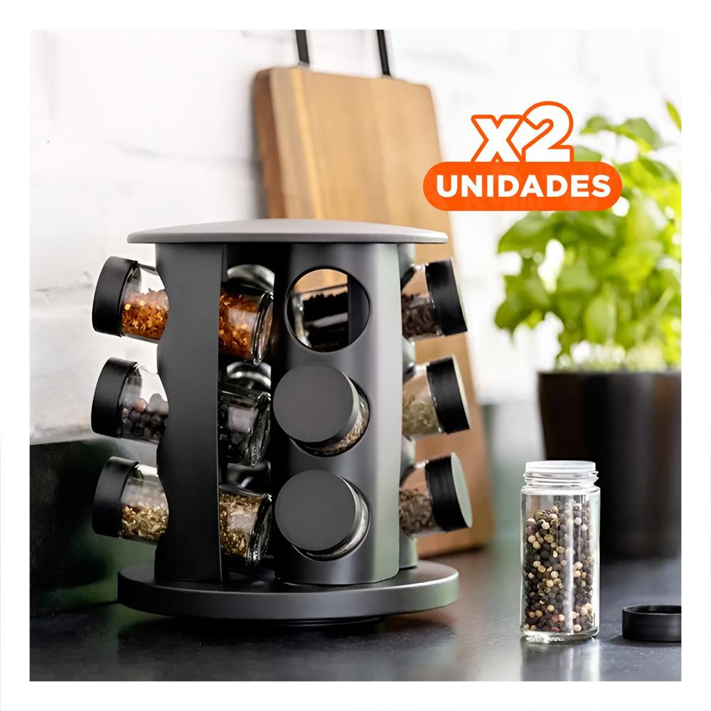 Pack2 Conjunto Condimentero de Color Negro con 12 Frascos Giratorios