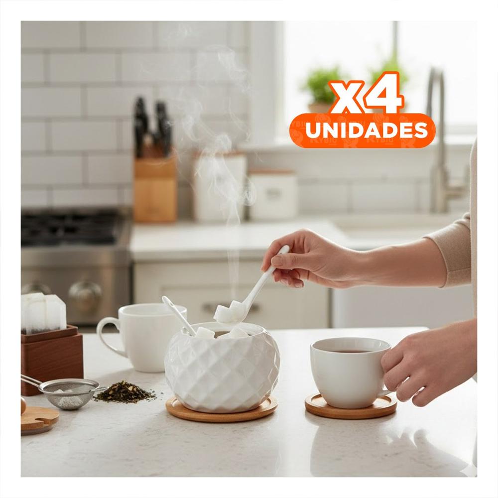 Pack4 Frasco Circular 500ml de Color Blanco con Tapa de Bambu Cuchara y Base Y Regalo Sticker