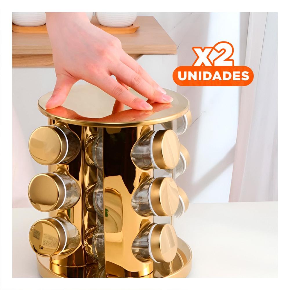 Pack2 Conjunto Condimentero Circular de Color Dorado con 12 Frascos Giratorios
