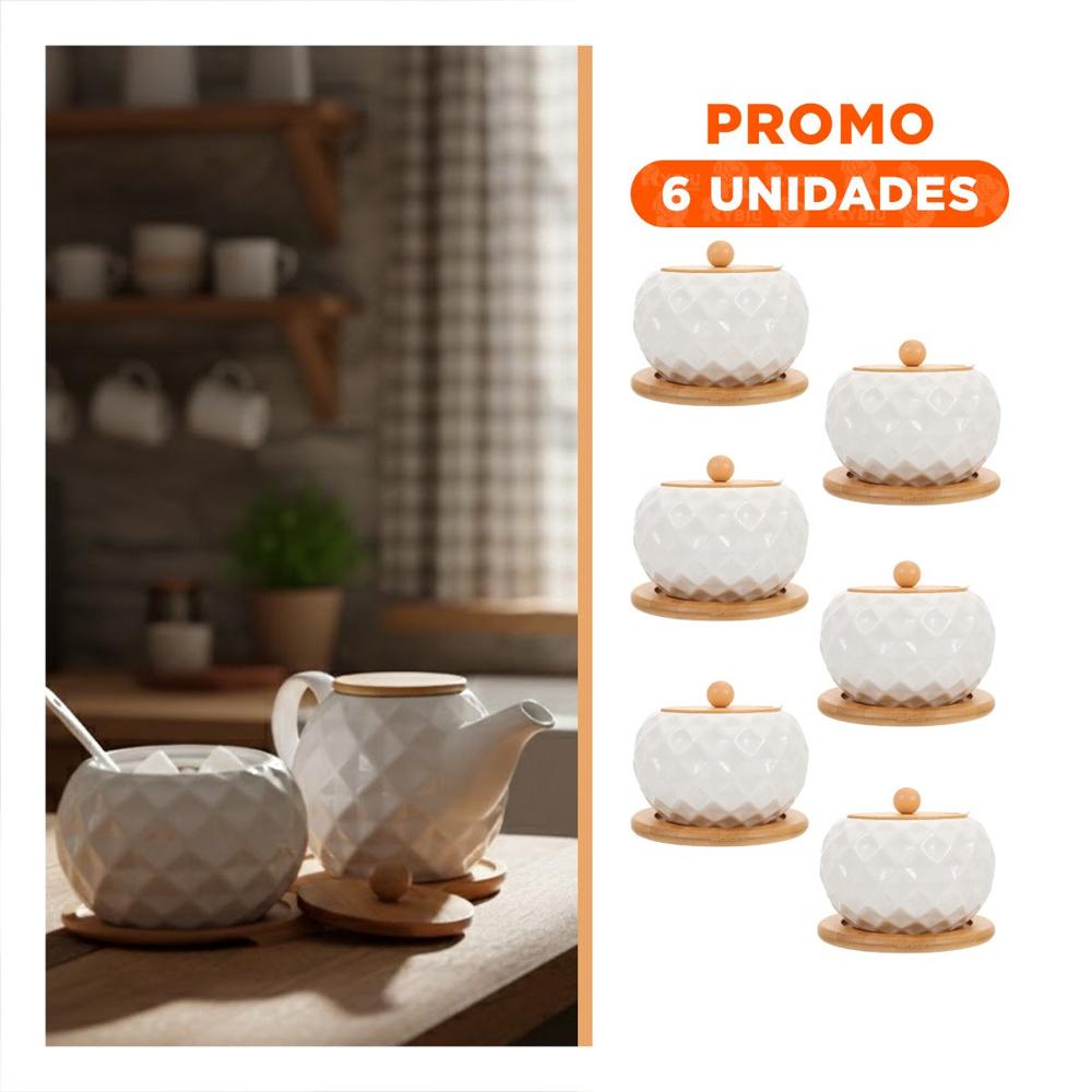 Pack6 Frasco de Color Blanco Circular 500ml con Tapa Bambu Cuchara y Base Y Regalo Sticker